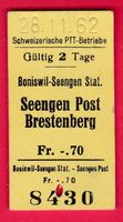 KARTON BILLETT, BONISWIL-SEENGEN STAT. - BRESTENBERG, PTT