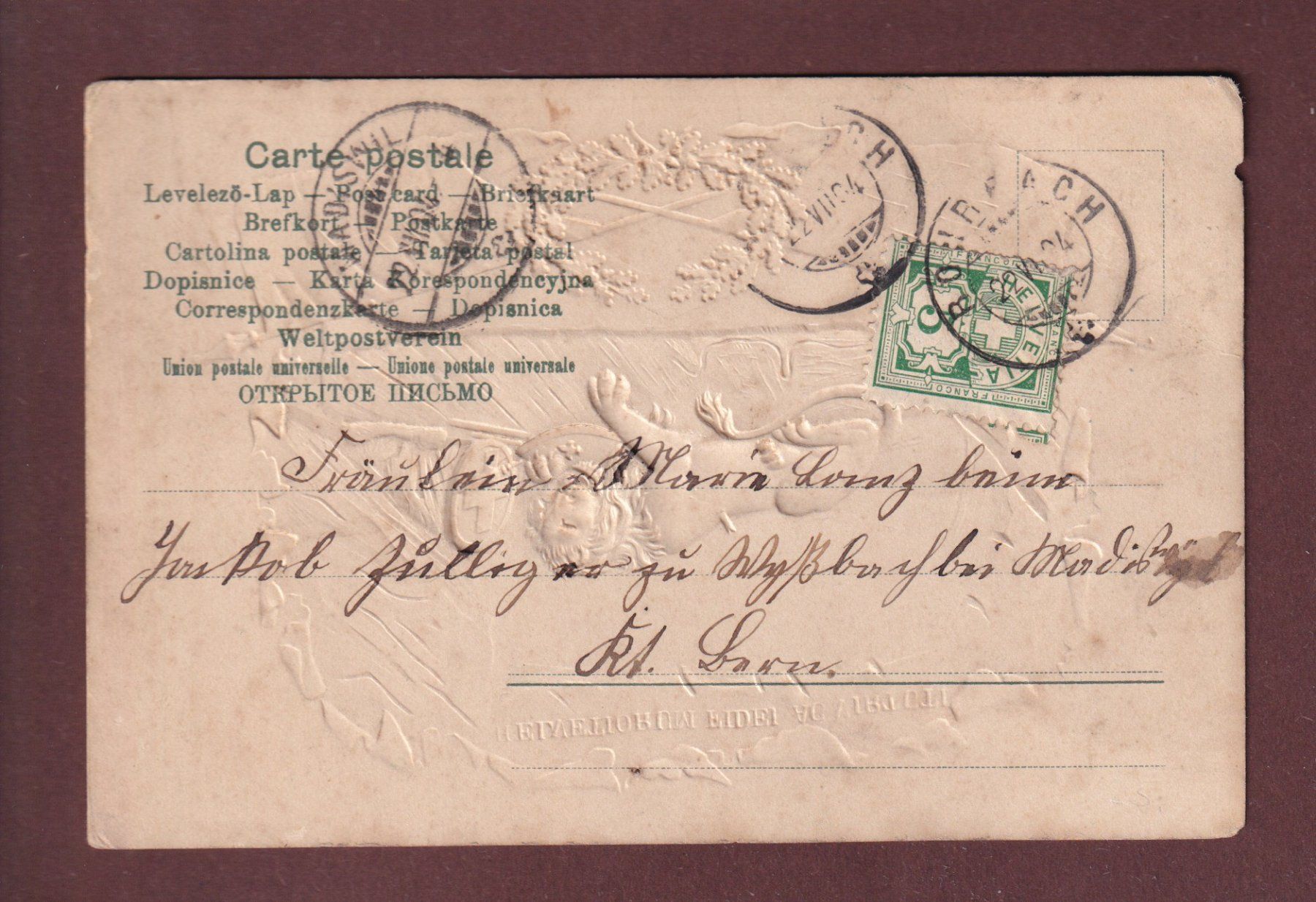 Cartoline postali: LUZERN - Löwen-Denkmal - 1904 Präge – Usato da Pully venduto da nicecards 1