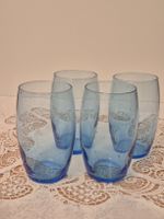 4 Gläser – handgeblasen, Bormioli Stil, blaues Glas mit Luft