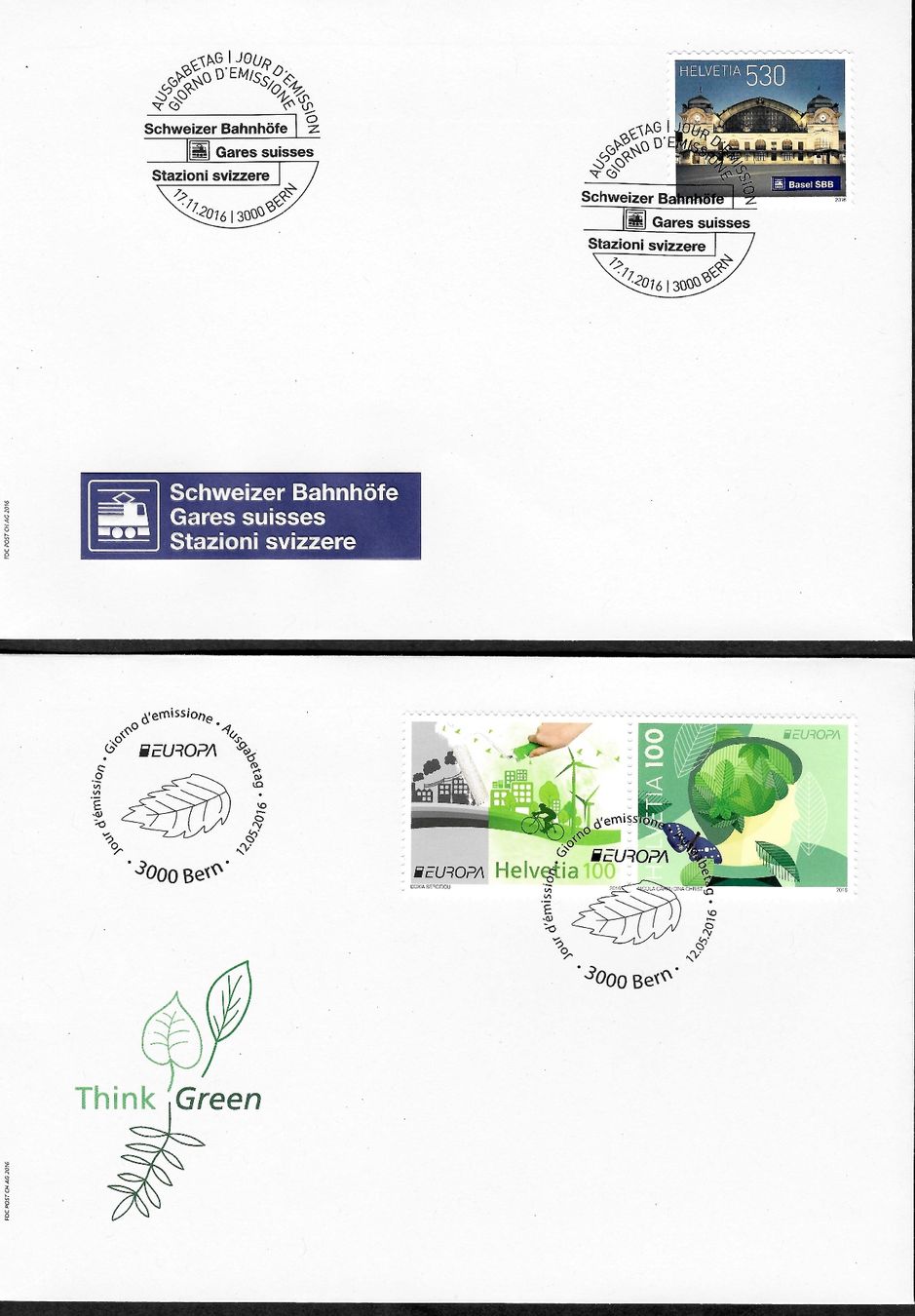 Tutti i francobolli: 2016 FDC Bahnhof Basel u. Think Green EUROPA – Usato da Eggersriet venduto da glasshouse3egg