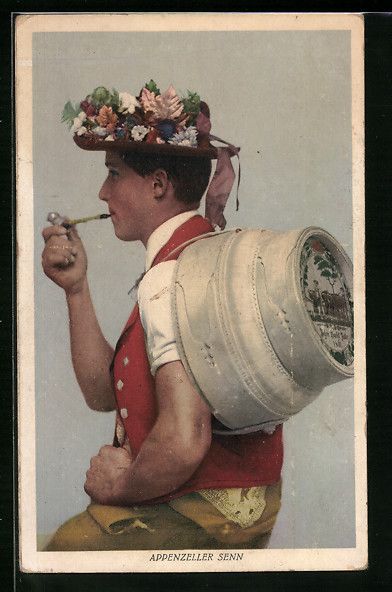 Cartoline postali: Appenzeller Senn mit Pfeife und Blumenhu – Usato da Berlin venduto da bartko-reher