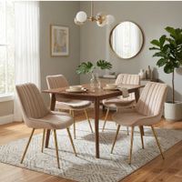 4er Set Esszimmerstühle Samt Beige mit Goldenen Metallbeinen