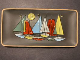 Kermos Keramik Wandteller mit Segelbooten Vintage 60er Jahre