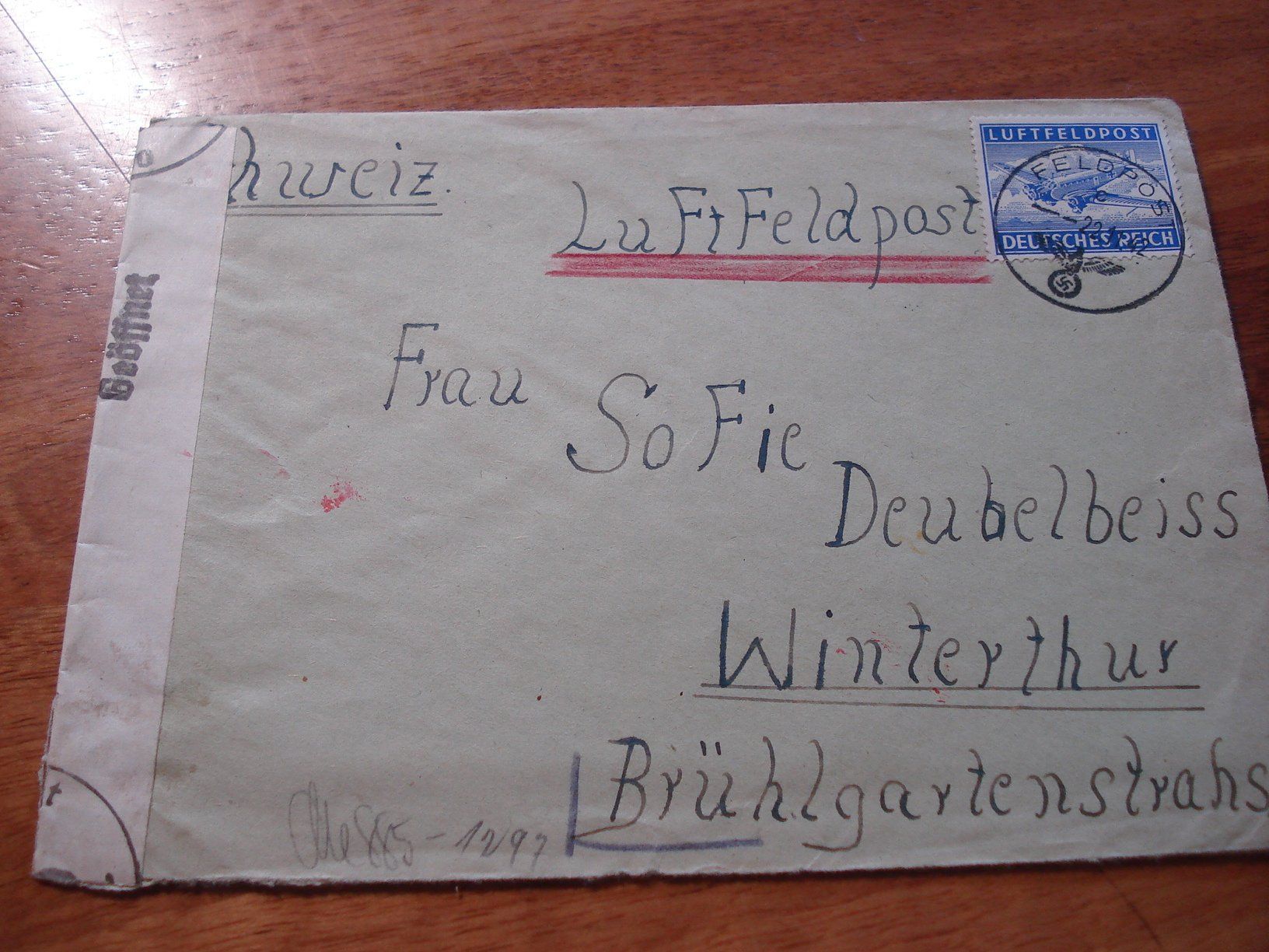 Alle Briefmarken: Luftfeldpost 1942, nach Winterthur, Zensur – Gebraucht aus Niederwil AG von morostahu