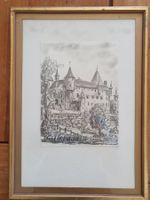 Dessin original, château suisse, cadre doré, vintage!