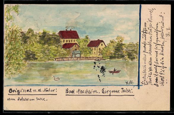 Cartoline postali: Handgemalt: Bad Nauheim, Der grosse Teic – Usato da Berlin venduto da bartko-reher