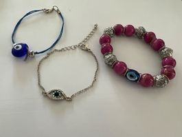 3er Set Armbänder mit Augen und Perlen aus echtem Silber neu