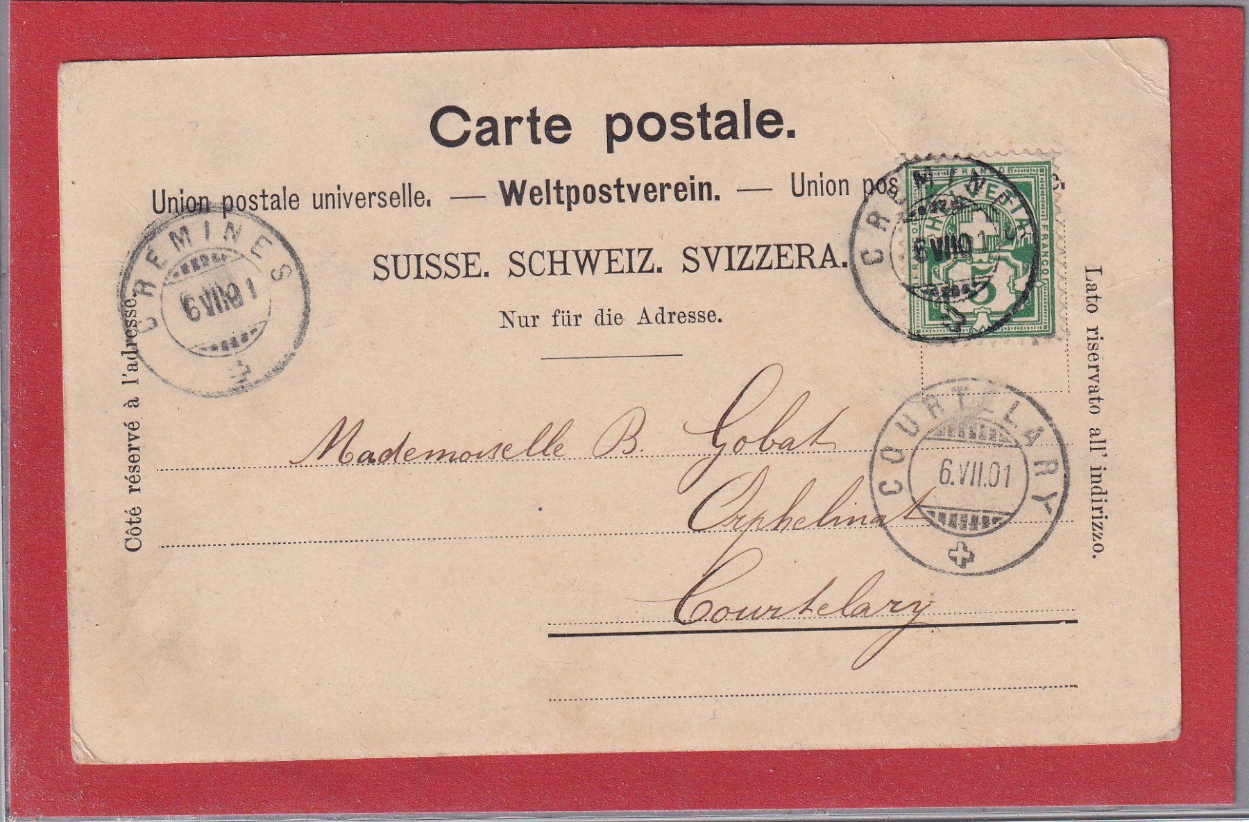 Cartoline postali: Souvenir de Crémines - 1901 – Usato da Orvin venduto da Pyaeschli 1