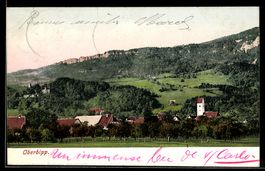AK Oberbipp, Ortsansicht mit Kirche und bewaldetem Höhenzug