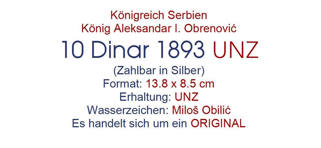 Banconote: 10 Dinar 1893 UNZ – Nuovo (secondo la descrizione) da Flamatt venduto da samowarow 1