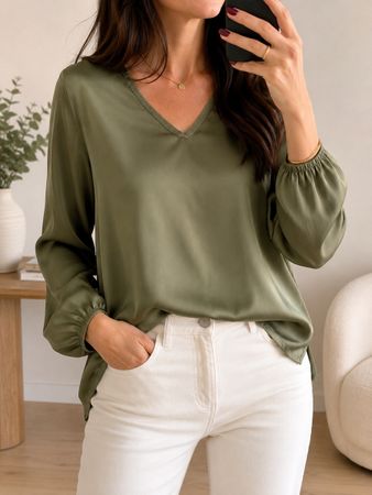 Max Mara Intrend Olive Green Satin Blouse – Size M