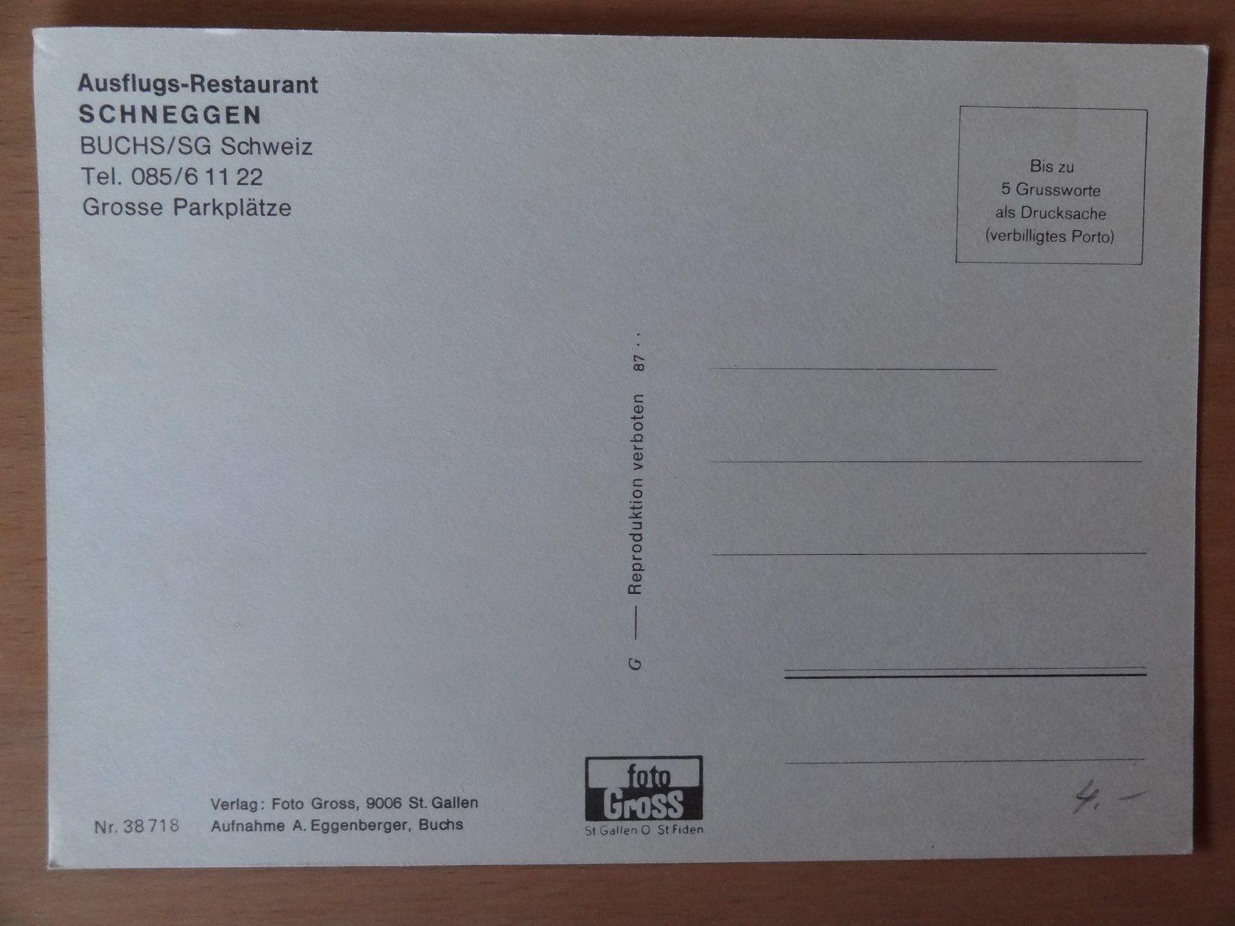 Ansichtskarten: Restaurant Schneggen - Buchs - SG – Gebraucht aus St Léonard von Riglin 1