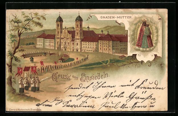 Cartoline postali: Litho Einsiedeln, Wallfahrtskirche mit G – Usato da Berlin venduto da bartko-reher