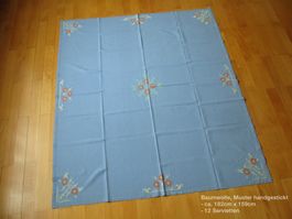Tischdecke handgestickt 182x159, 12 Servietten, NEU