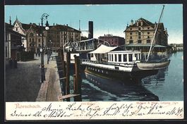 AK Rorschach, Dampfer im Hafen, 1904