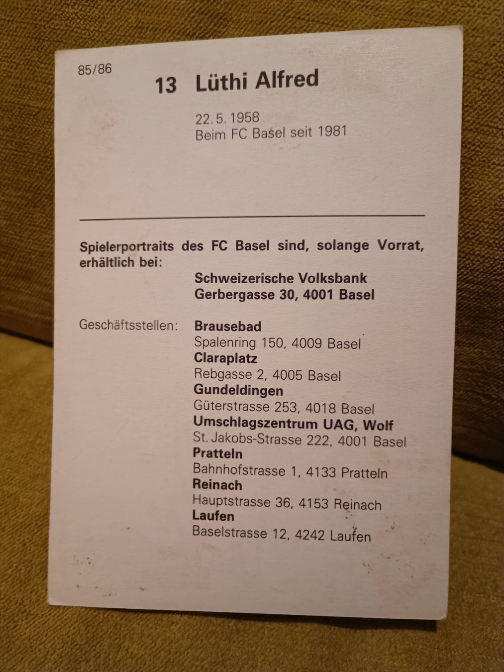 Autografi: Alfred Lüthi - FC Basel 1985/86 – Usato da Menziken venduto da Autogramme 1