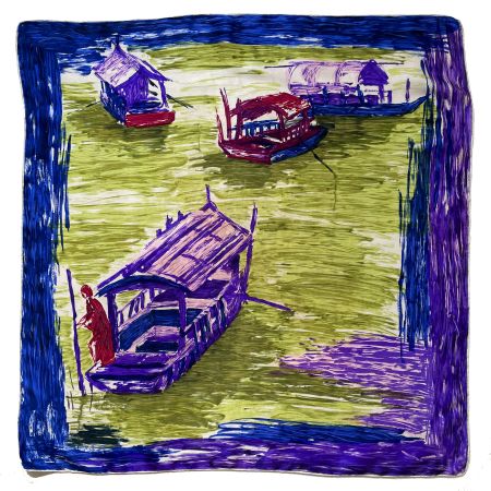 Foulard Carre Seide Hausboote in China abstrakt VINTAGE 50s