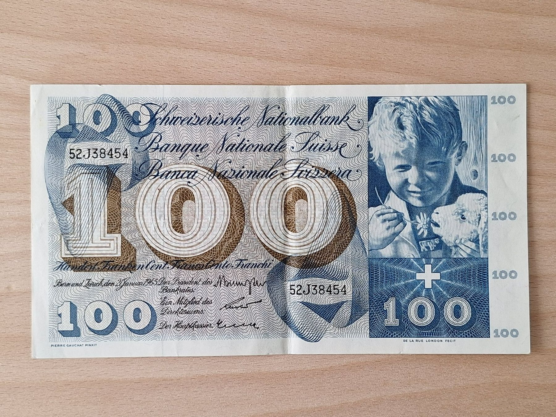 Banconote: Schweizer Banknote, 100 Franken, JG 1965 – Usato da Lohn-Ammannsegg venduto da Beo71