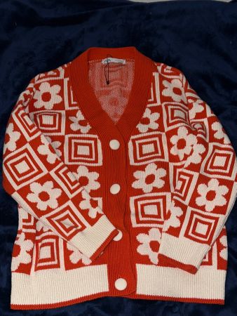 Zara Strickjacke, Orange/Weiss, Grösse S