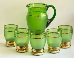 6tlg. böhmisches Vintage Set  Karaffe und Gläser Grün/Gold