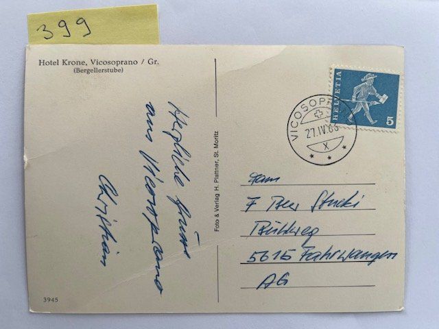 Ansichtskarten: Ansichtskarte Hotel Krone Vicosoprano Bergellerstube 1966 – Gebraucht aus Niederwil AG von dahu75 1