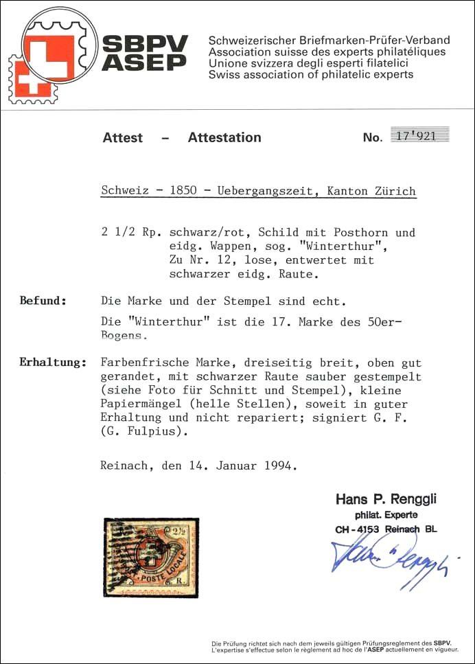 Tutti i francobolli: 1850 WINTERTHUR mit seltener Raute – Usato da Heerbrugg venduto da Swissphila 2