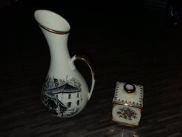 Weiss Porzellan Vase & Miniatur Dose, Goldrand