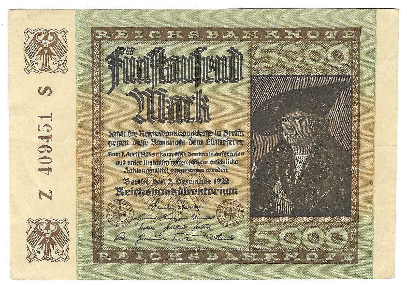 Billets de banque: 5000 Marks REICHSBANKNOTE / 02.12.1922 – D'occasion à Tavannes par Zitume