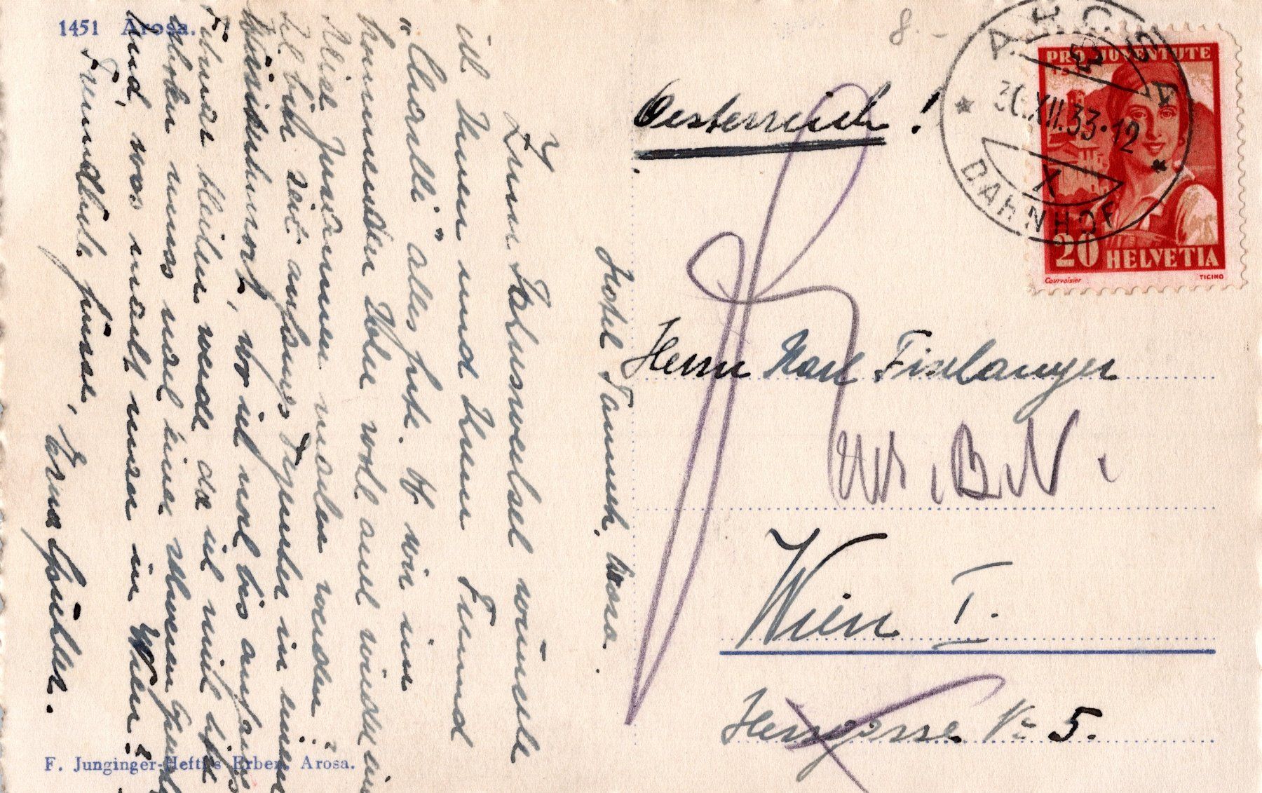 Cartoline postali: 0060 - Postkarte / Ansichtskarte - Arosa – Usato da Reinach BL venduto da Boston-Verkauf 1