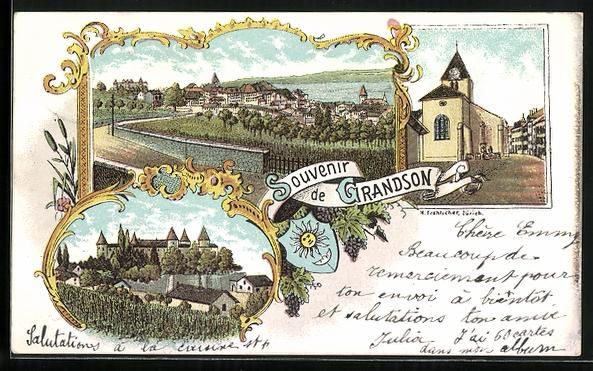 Cartes postales: Litho Grandson, Strasse mit Kirche, Burg – D'occasion à Berlin par bartko-reher