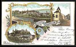 Litho Grandson, Strasse mit Kirche, Burg
