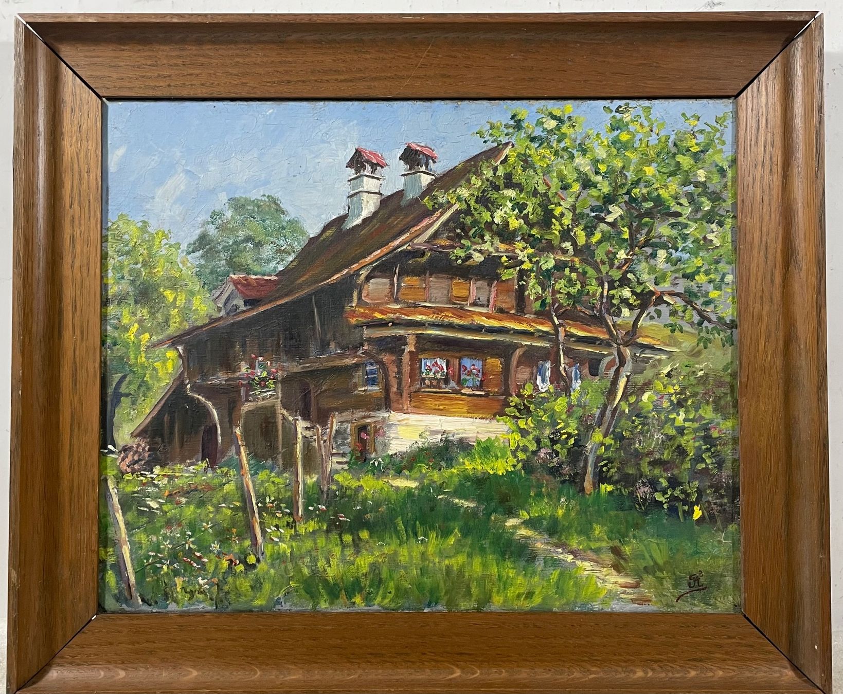 Gemälde: Bauernhaus Anblick mit Top Malerei Monogrammiert – Gebraucht aus Root von