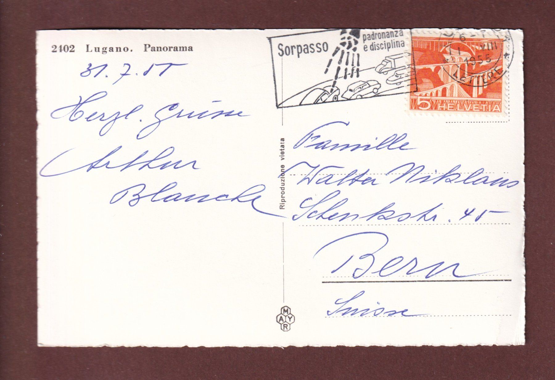 Cartoline postali: LUGANO - Panorama - 1955 – Usato da Pully venduto da nicecards 1