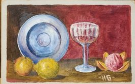 Stilleben gemälde signiert - Teller, Früchte, Glas Wein