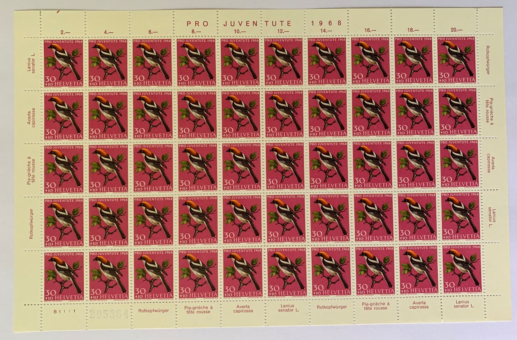 Tutti i francobolli: Pro Juventute 1968 - 3 Bogen ** Einheimische Tiere – Nuovo (secondo la descrizione) da Zürich venduto da Apache4 1