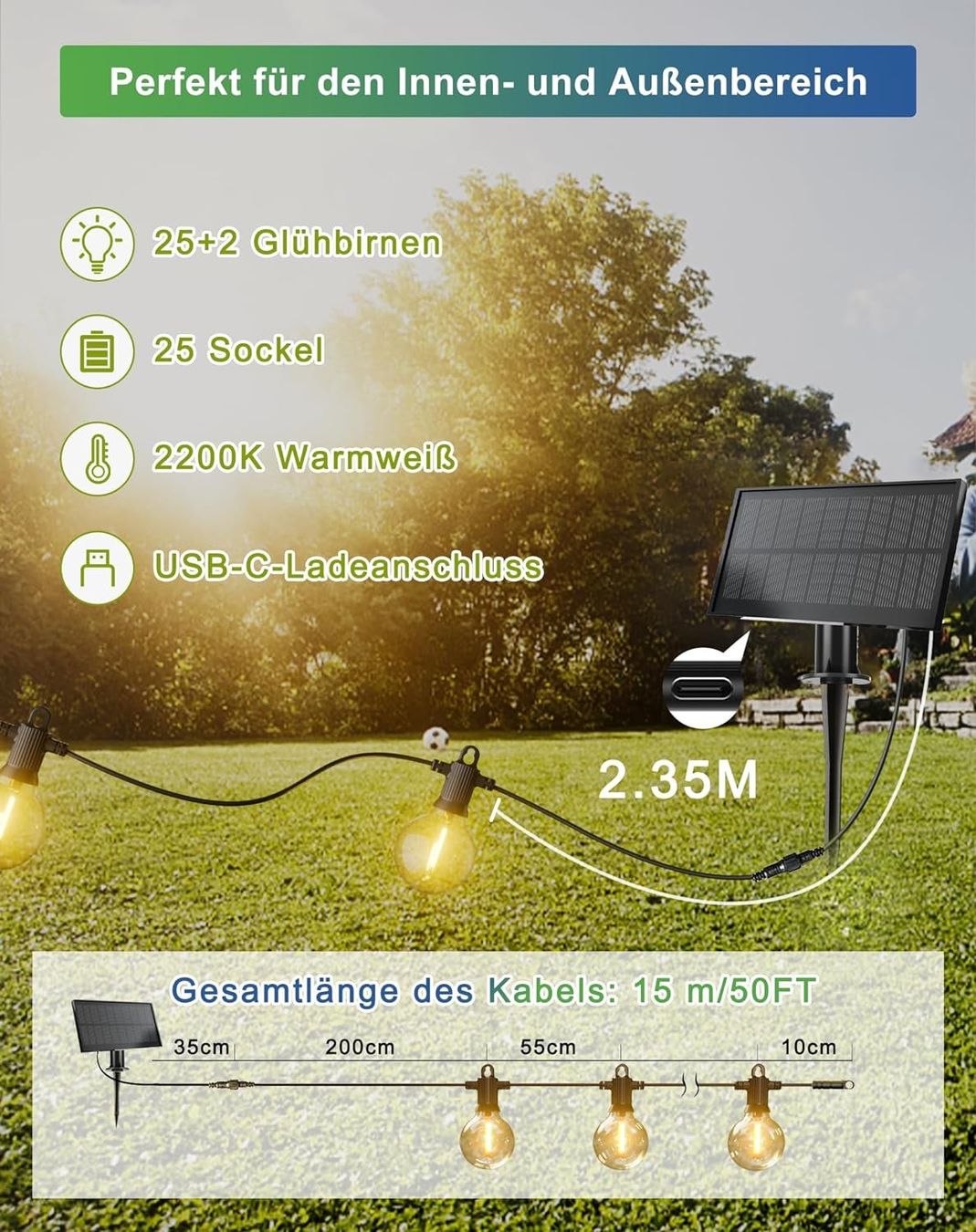 Ghirlande e barre luminose: SOLAR GLÜHBIRNEN LICHTERKETTE AUSSEN 15 METER - 25+2 BIRNEN – Nuovo e nell'imballaggio originale da Kriens venduto da swissgadget 2