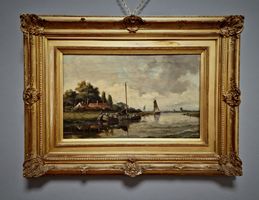 Grosses signiertes Ölbild Flusslandschaft, goldgerahmt