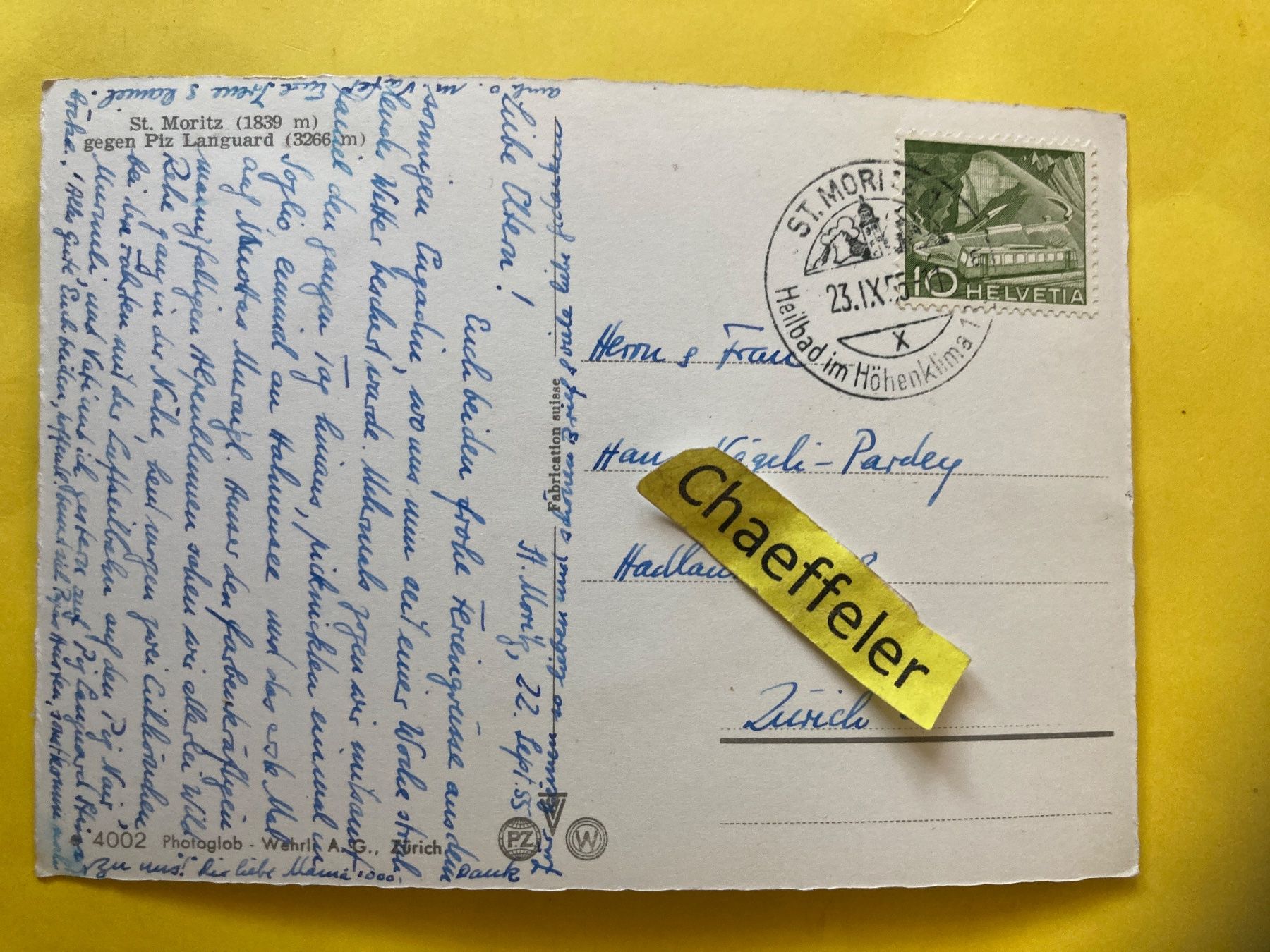 Cartoline postali: 1955 St. Moritz gegen Piz Languard. – Usato da Zürich venduto da Chaeffeler 1