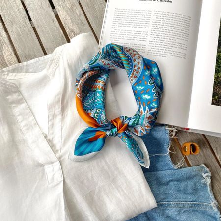 New 53cm Real Silk Scarf Paisley Boho Blue Orange Bandana