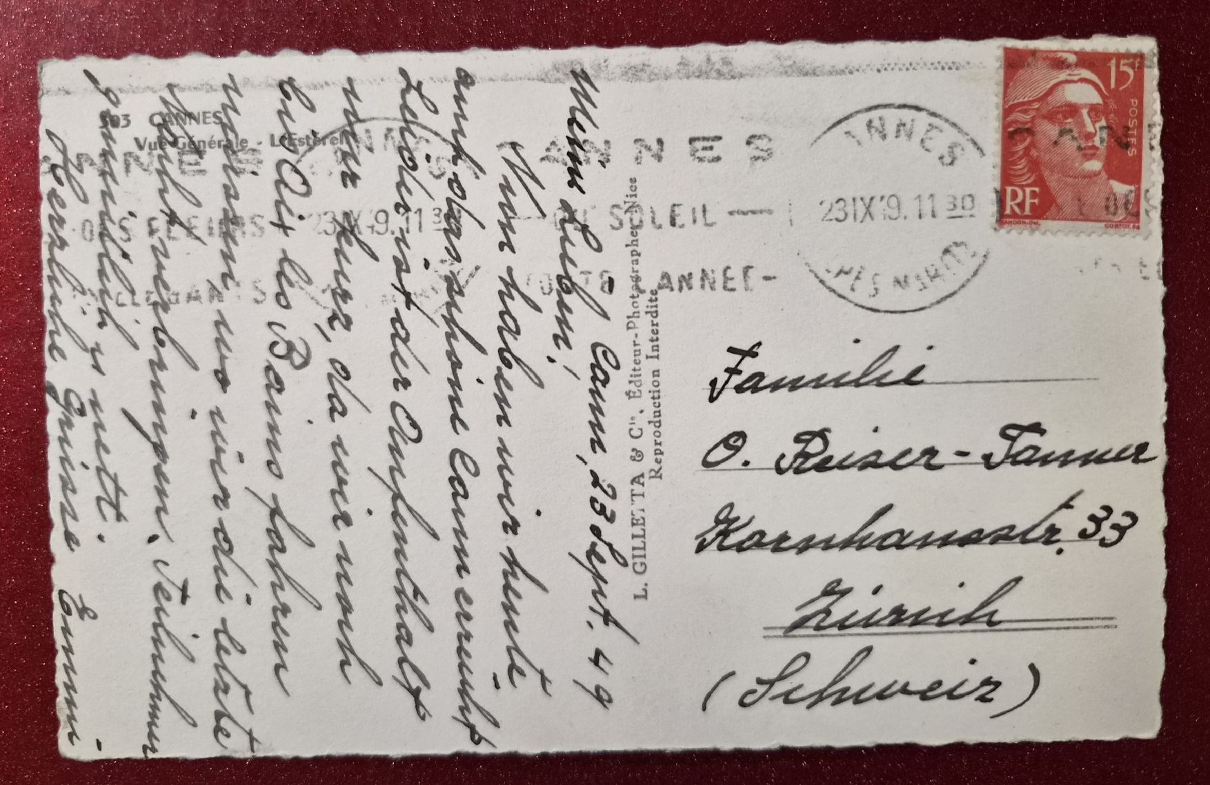 Ansichtskarten: Cannes France 1949 – Gebraucht aus Melchnau von Fishel 1