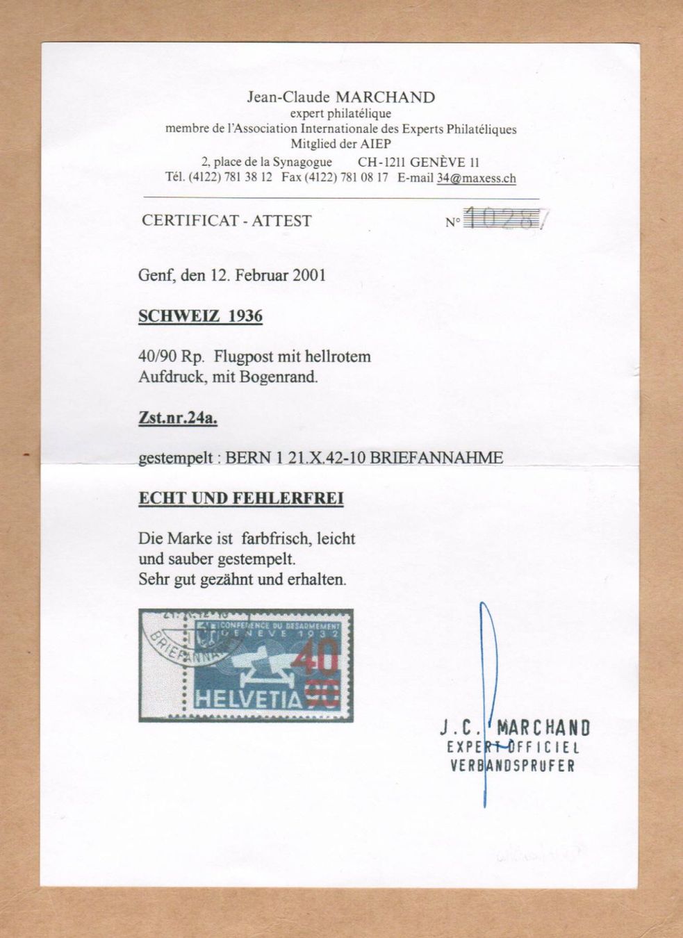 Alle Briefmarken: Flugpost Nr.24a - hellrot - Attest Marchand – Gebraucht aus Bern von peri02 2