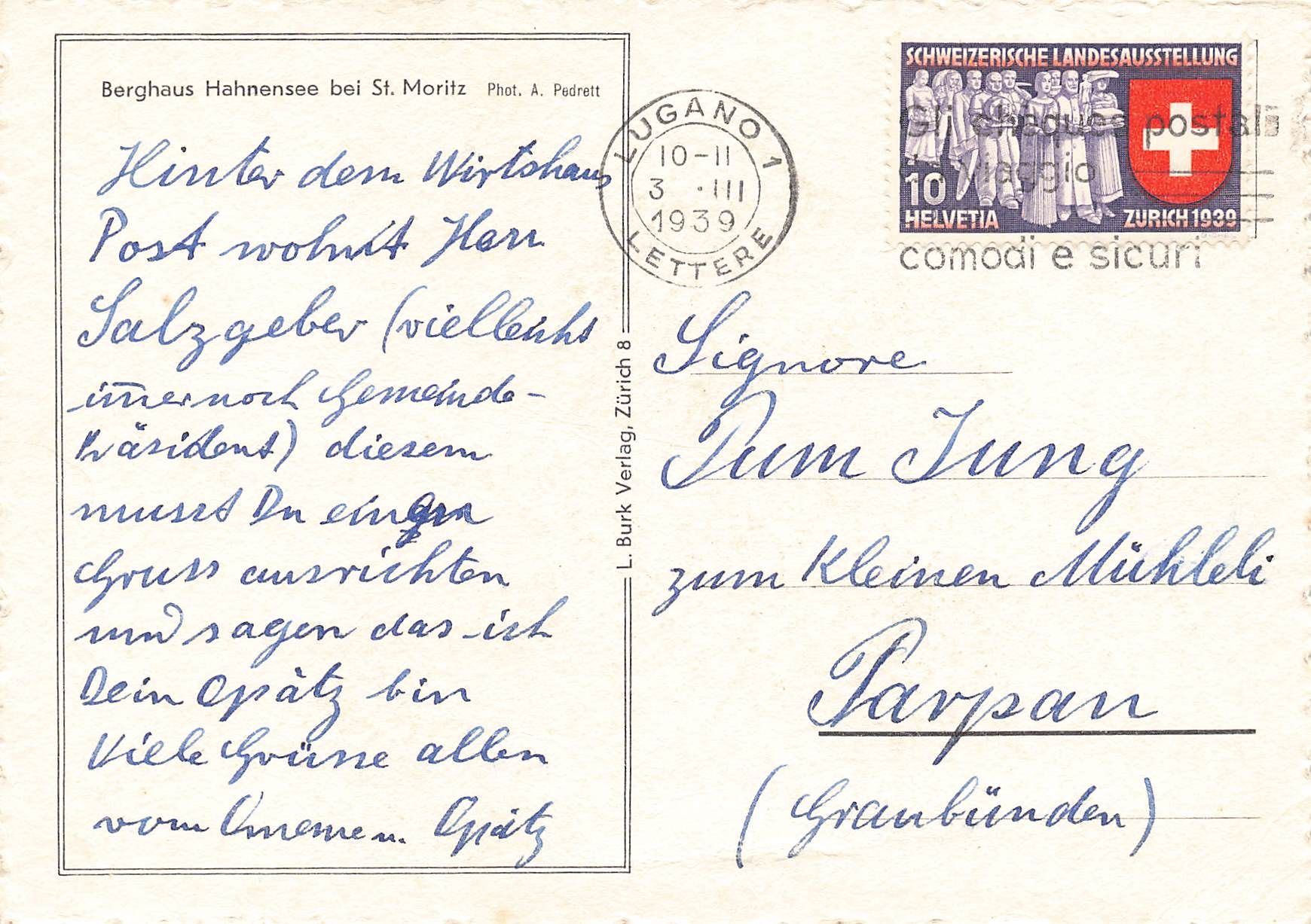 Cartoline postali: St Moritz Hahnensee GR G – Usato da Biasca venduto da Blenio71 1
