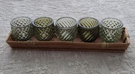 Set Teelichthalter Gläser Grün mit Holztablett,Top Zustand!