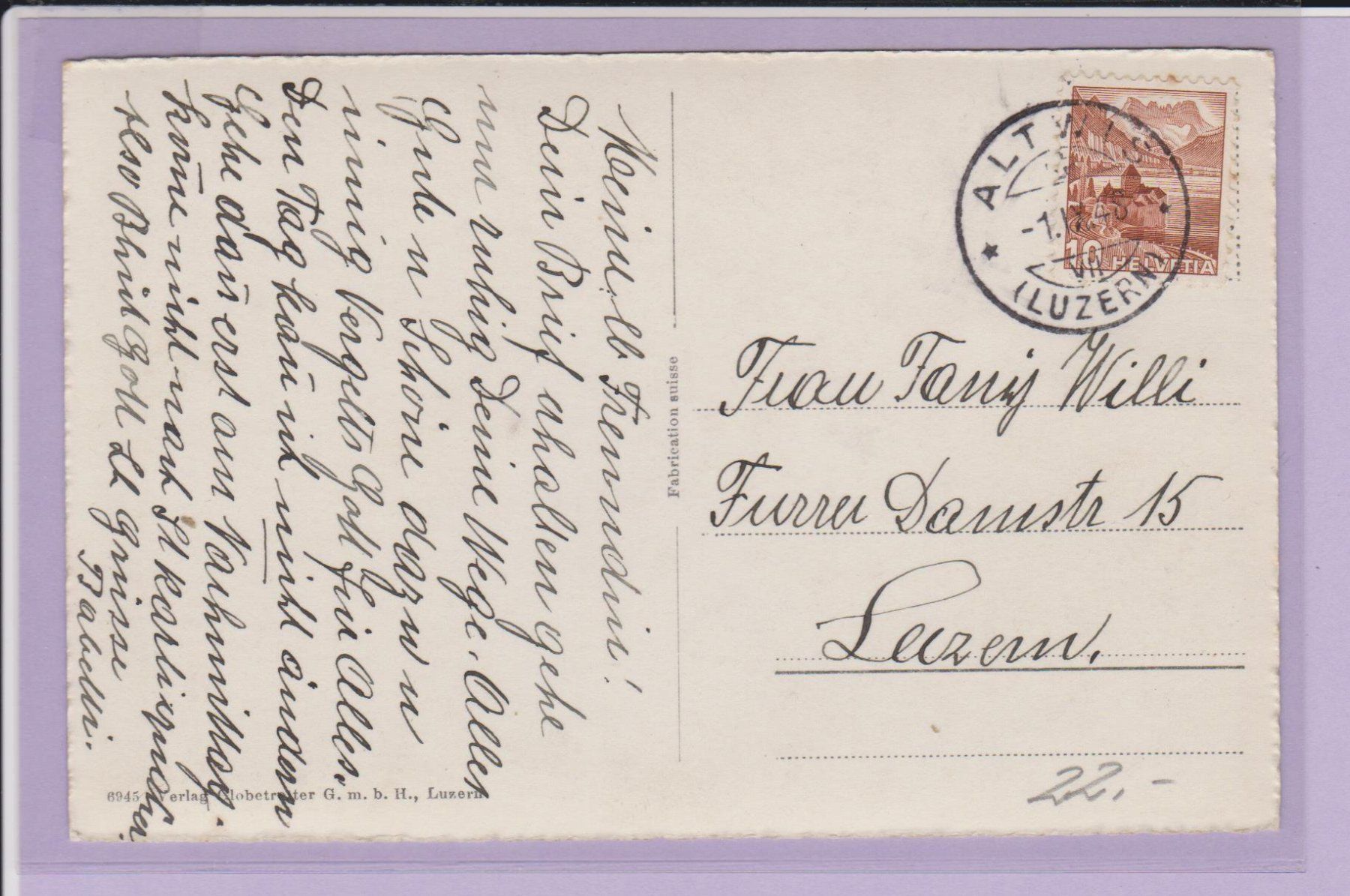 Cartoline postali: Hitzkirch  LU   :   alte Ansichtskarte  gest. 1948 – Usato da Vitznau venduto da Ropaku 1