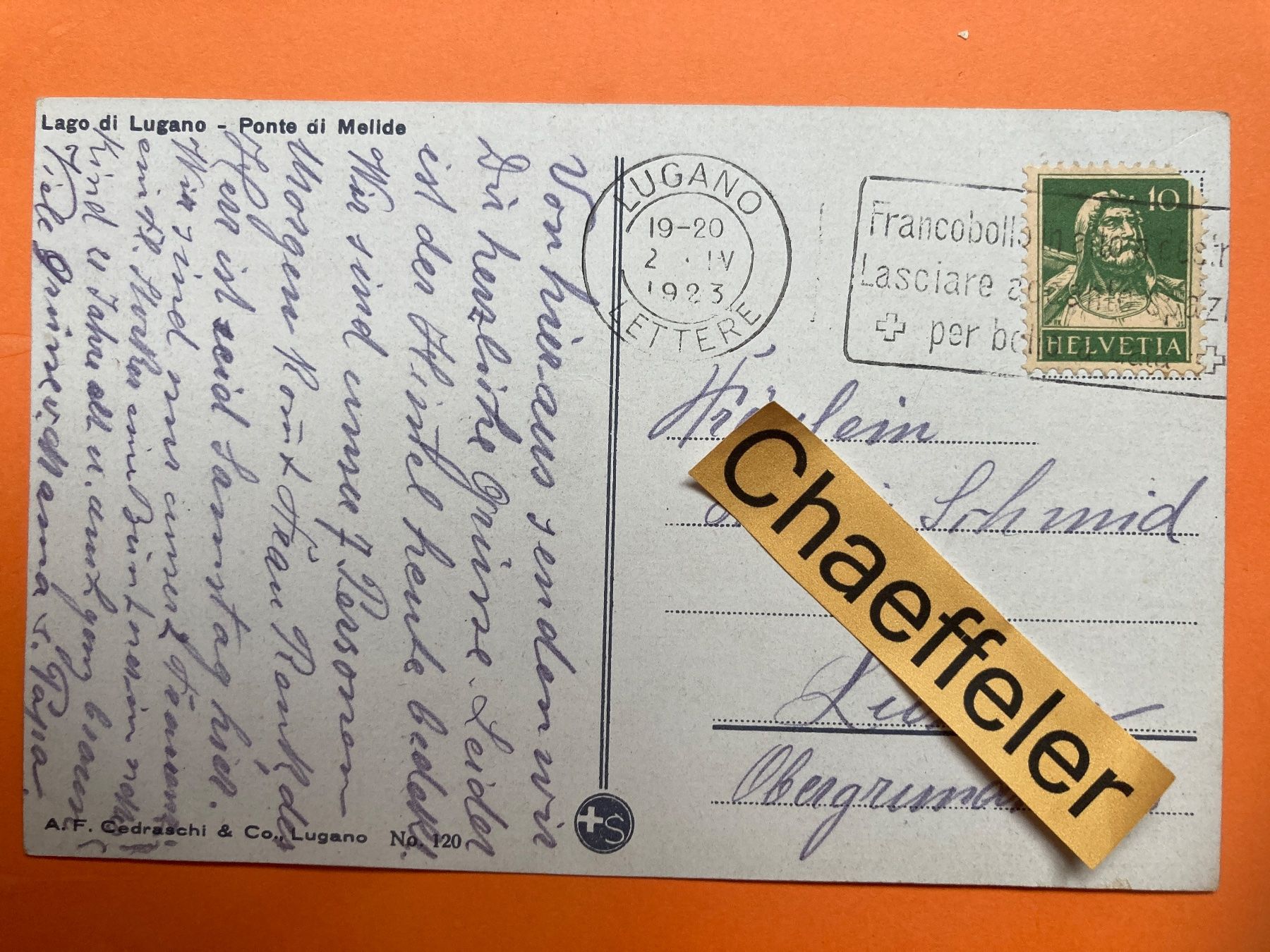 Cartes postales: 1923 Lago di Lugano - Ponte di Melide – D'occasion à Zürich par Chaeffeler 1