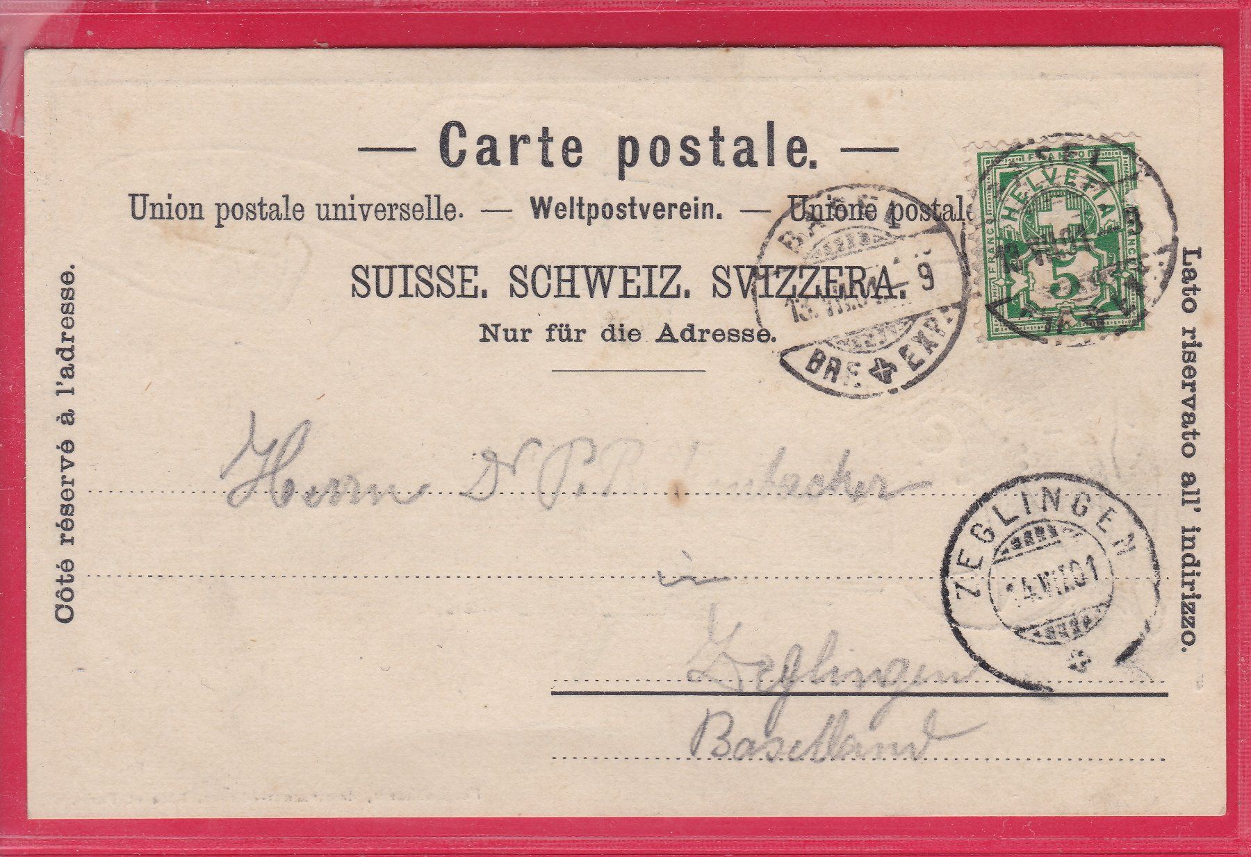 Cartoline postali: HIE BASEL HIE SCHWEIZERBODEN, 13.7.1901 – Usato da Oberrieden venduto da Gebirgsstelze 1