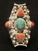 Bague Selle Tibétaine Argent, Turquoise & Corail vintage 80s