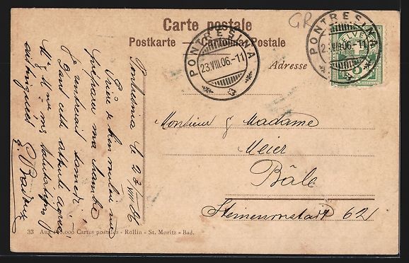 Ansichtskarten: AK St. Moritz, Hotel Stahlbad, 1906 – Gebraucht aus Berlin von bartko-reher 1