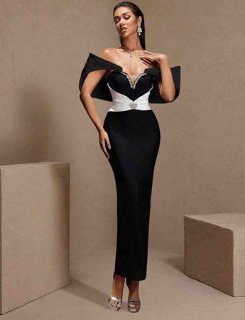 Abendkleid schwarz weiss mit Schmuckstein