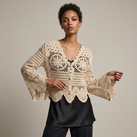 Cardigan court crochet beige manches évasées vintage 36